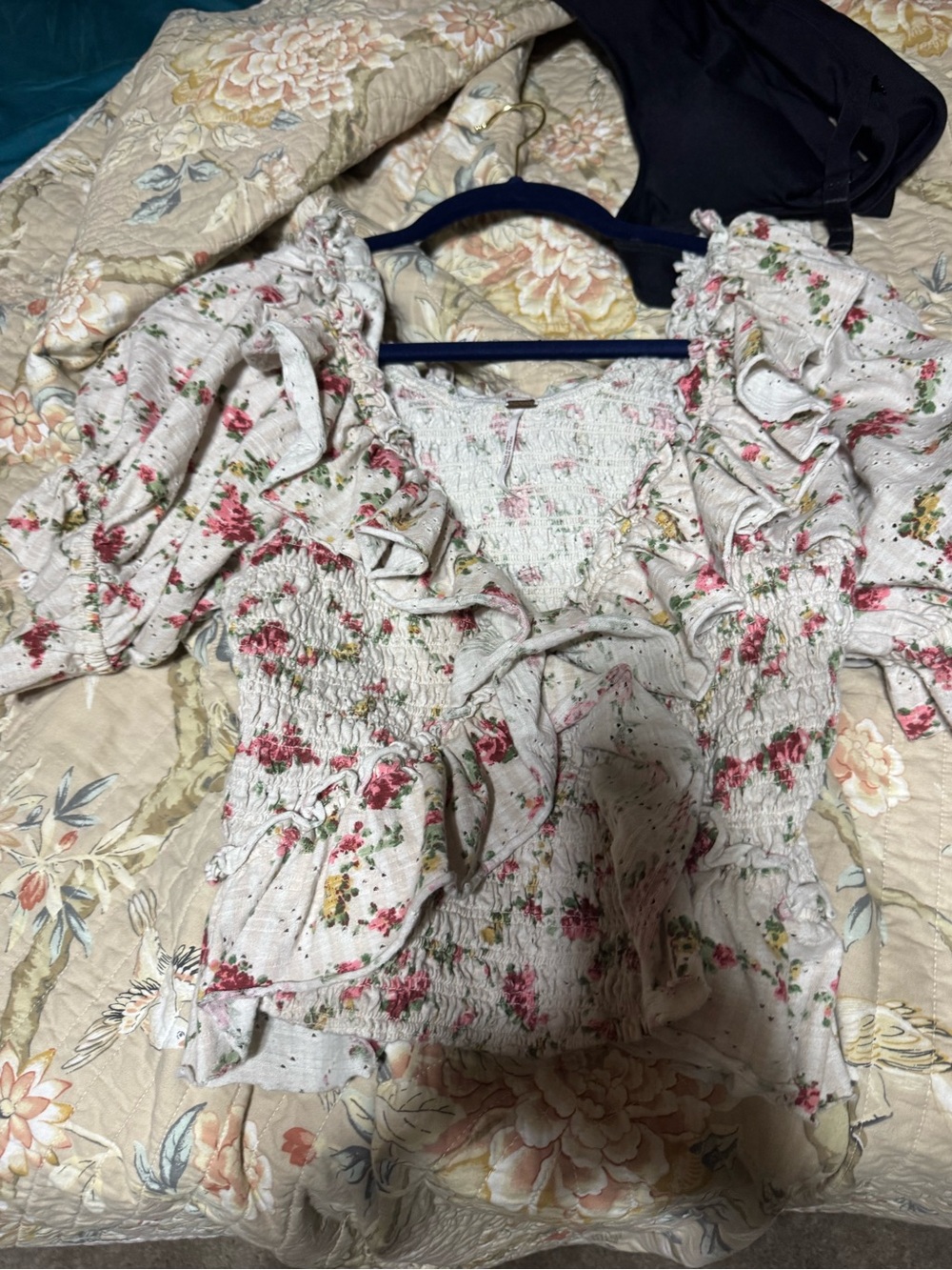 Free People White Smocked Floral Puff-Sleeve Blouse